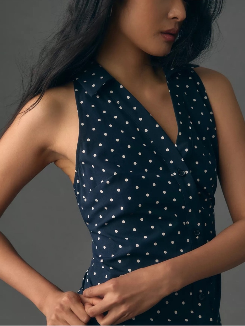 Anthropologie Maeve Halter Slim Midi Button Down Dress Polka Dot Blue Size XS - Picture 3 of 12